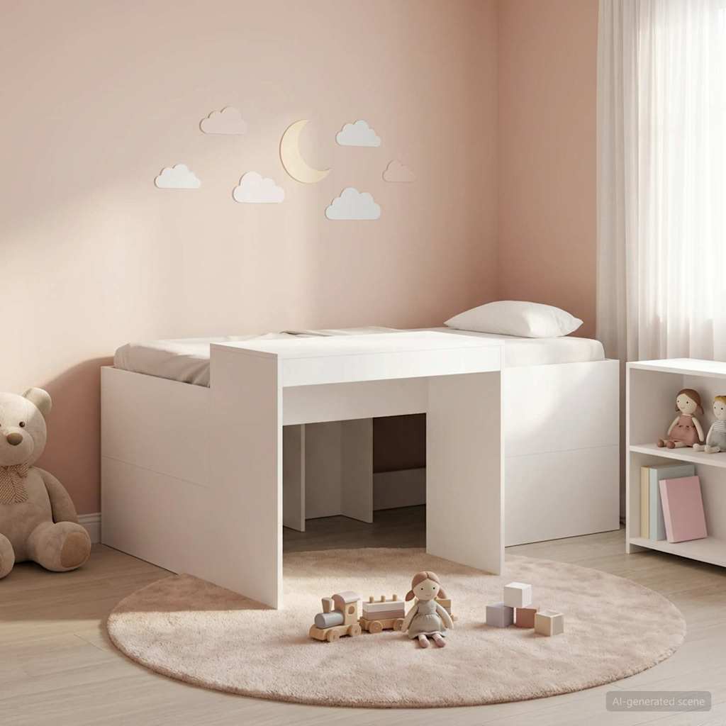 Kids'High Bed Frame with Desk White Engineered Wood