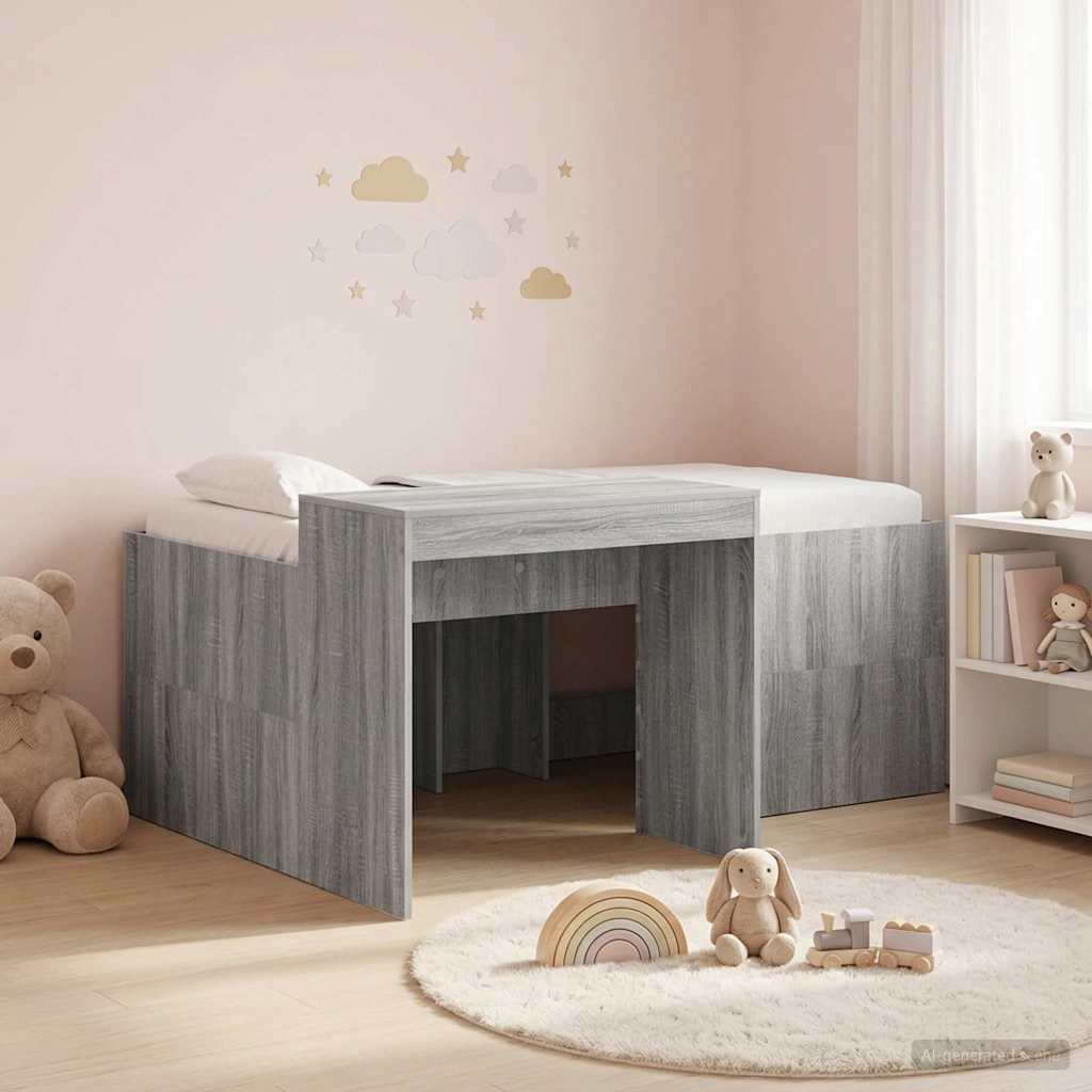 Kids'High Bed Frame with Desk Grey Sonoma Engineered Wood