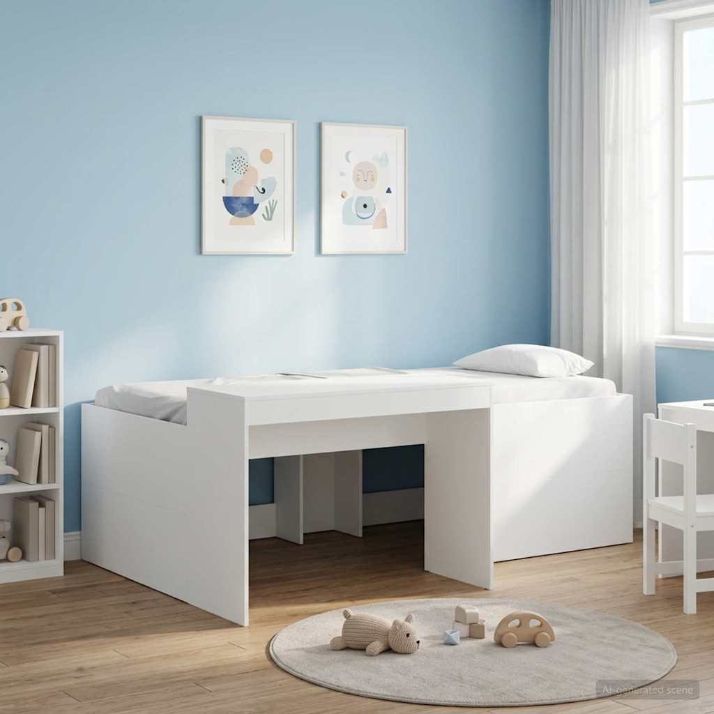 Kids'High Bed Frame with Desk White Engineered Wood