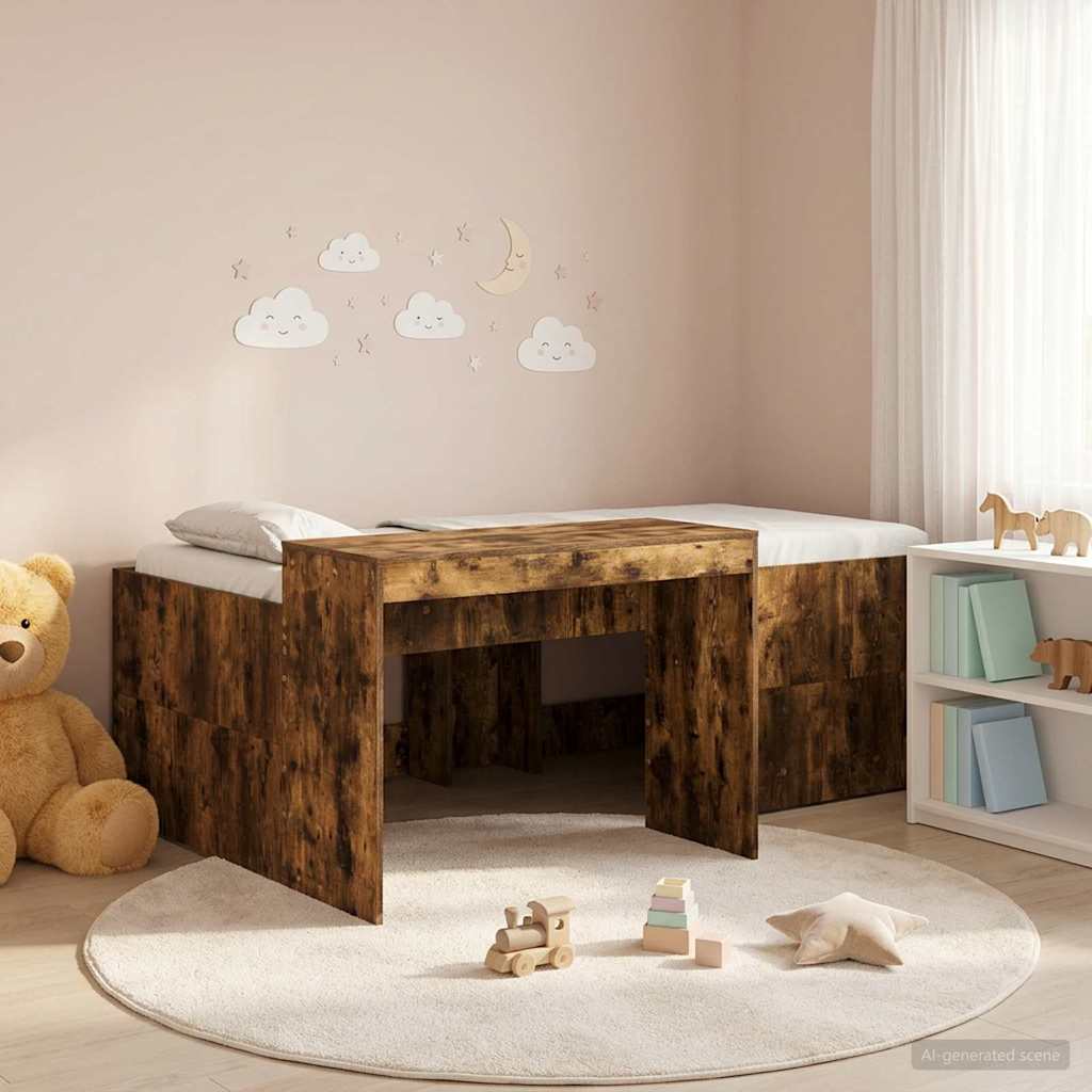Kids'High Bed Frame with Desk Smoked Oak Engineered Wood