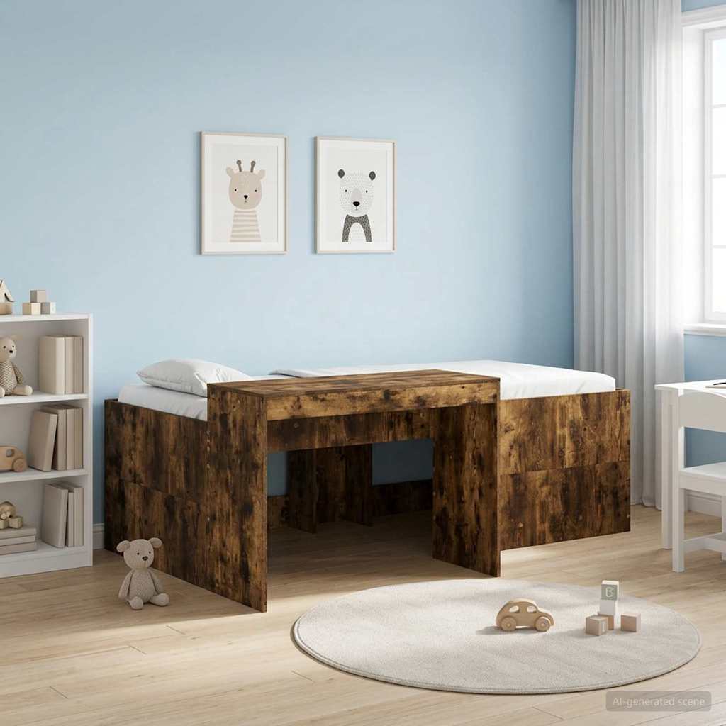 Kids'High Bed Frame with Desk Smoked Oak Engineered Wood
