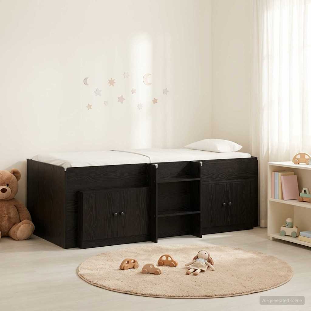 Loft Bed Frame with Cabinet 3 pcs Black Engineered Wood
