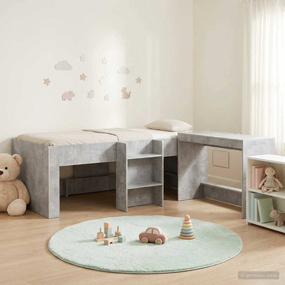 Kids'High Bed Frame with Desk 2 pcs Concrete Grey