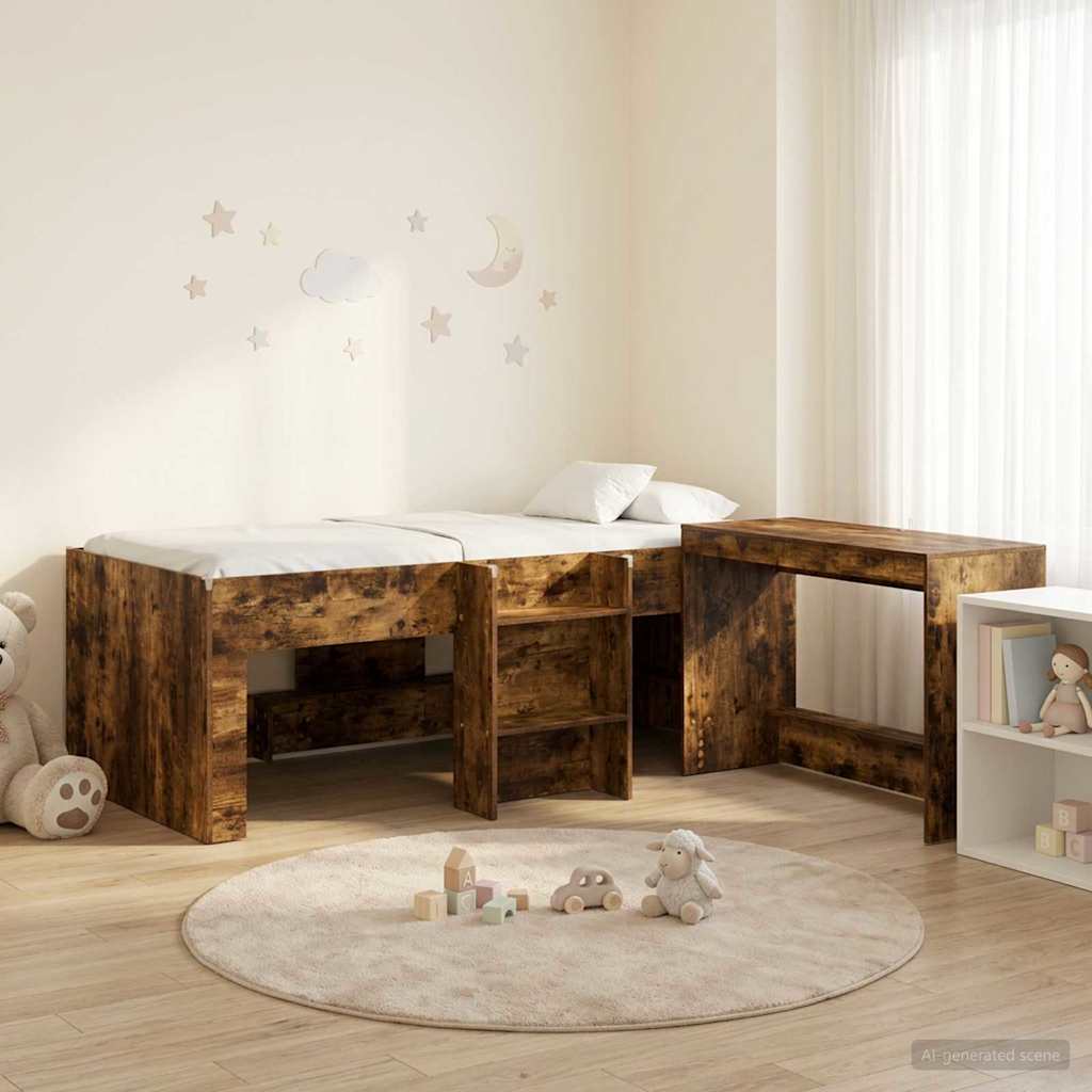Kids'High Bed Frame with Desk 2 pcs Smoked Oak Engineered Wood