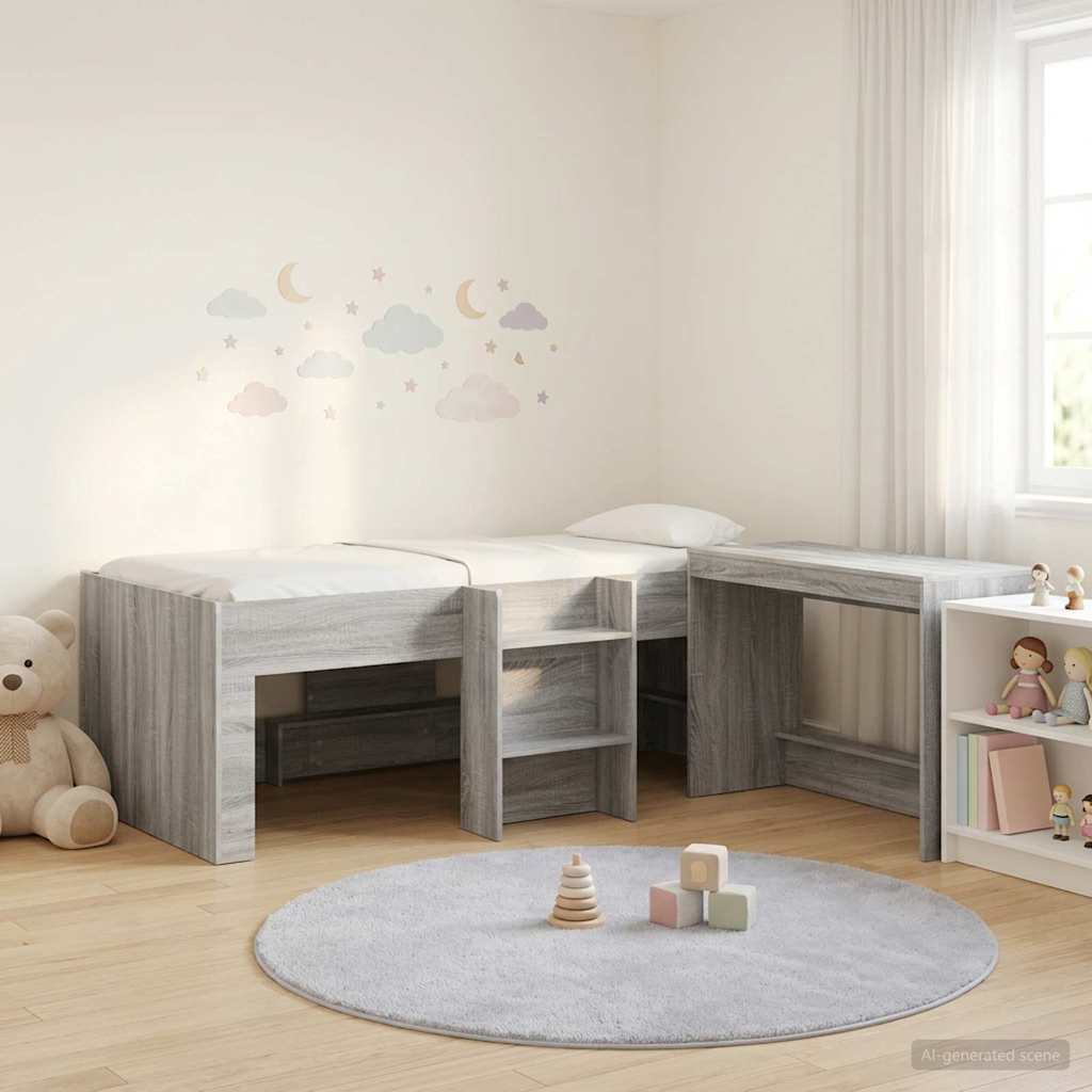 Kids'High Bed Frame with Desk 2 pcs Grey Sonoma