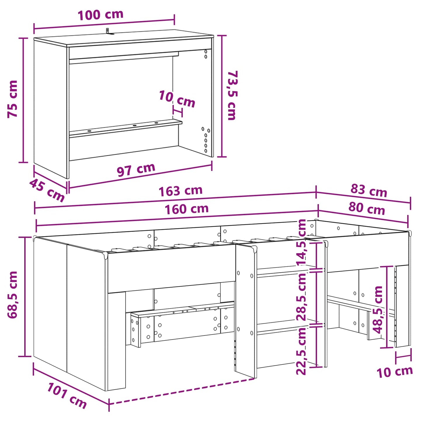 Kids'High Bed Frame with Desk 2 pcs Sonoma Oak Engineered Wood