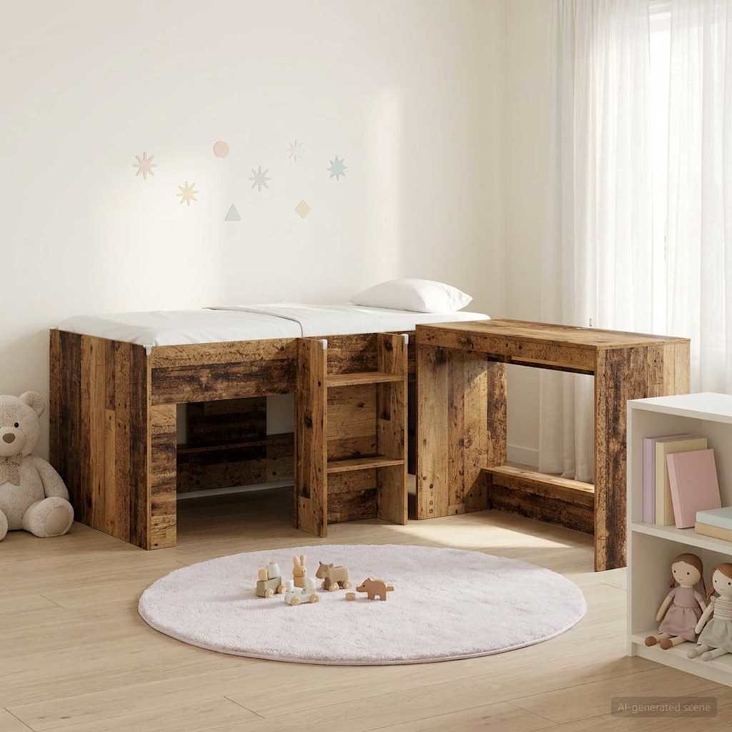Kids'High Bed Frame with Desk 2 pcs Old wood Engineered Wood