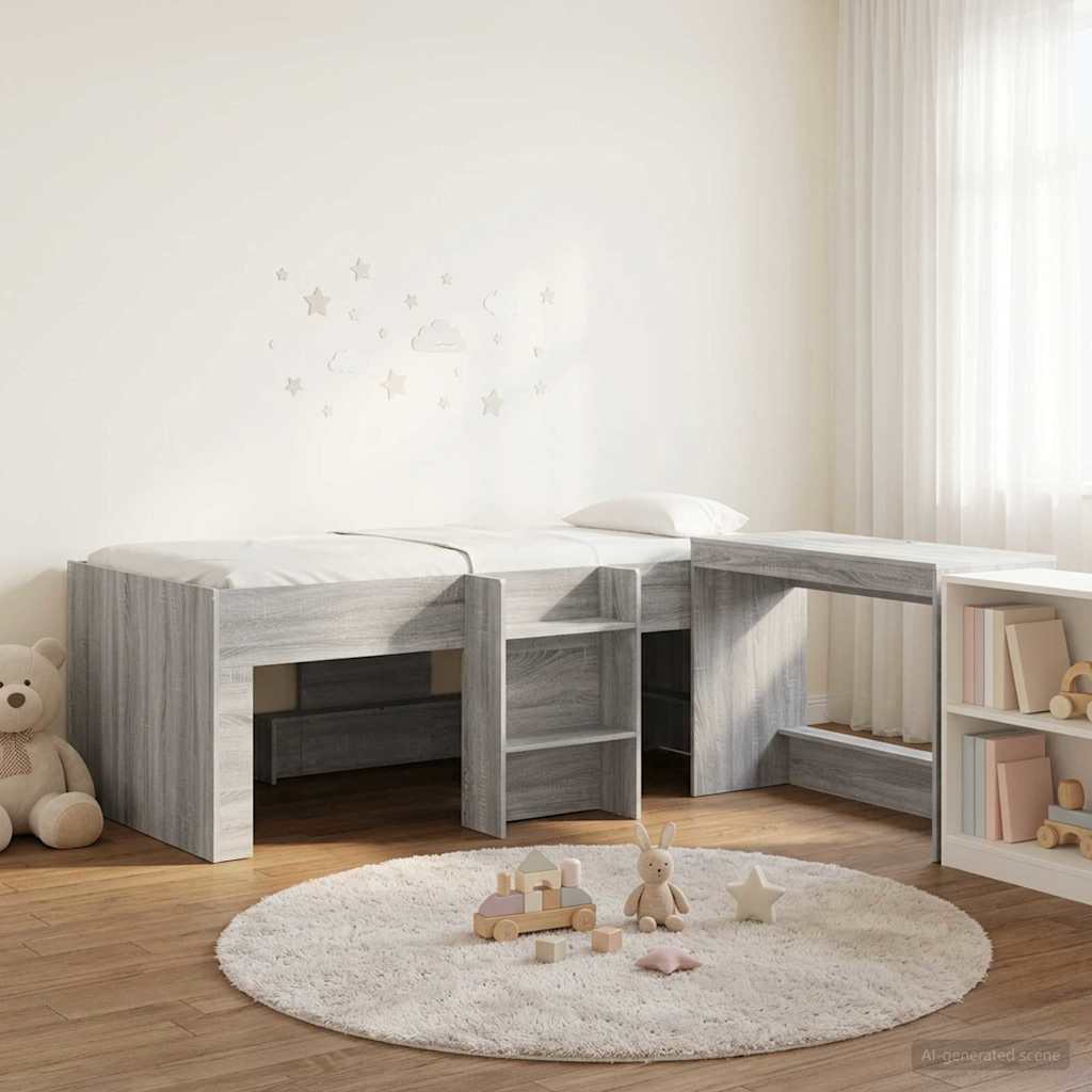 Kids'High Bed Frame with Desk 2 pcs Grey Sonoma
