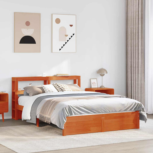 Bed Frame with Shelf 2 pcs Wax Brown Solid Pine Wood