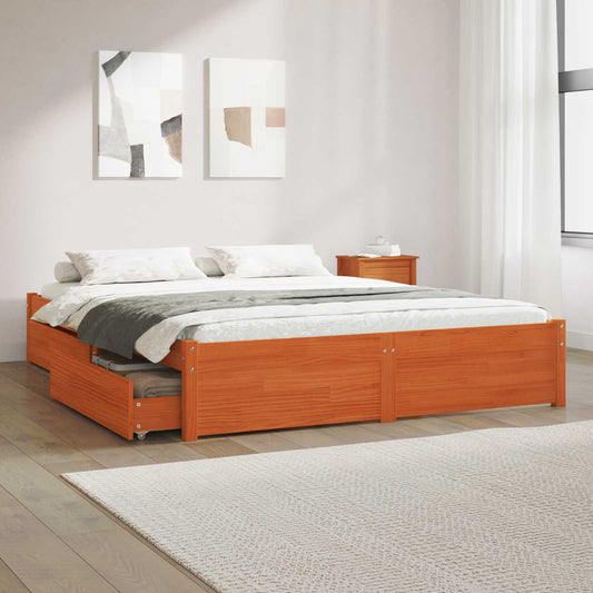Bed Frame with Drawer with Wheel 2 pcs Solid Pine Wood