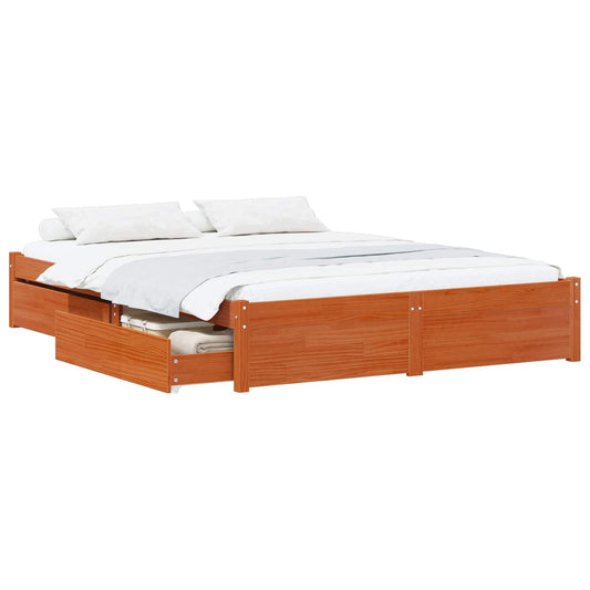 Bed Frame with Drawer with Wheel 2 pcs Solid Pine Wood