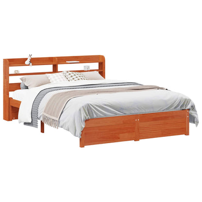 Bed Frame with Headboard with Storage Wax Brown Solid Pine Wood
