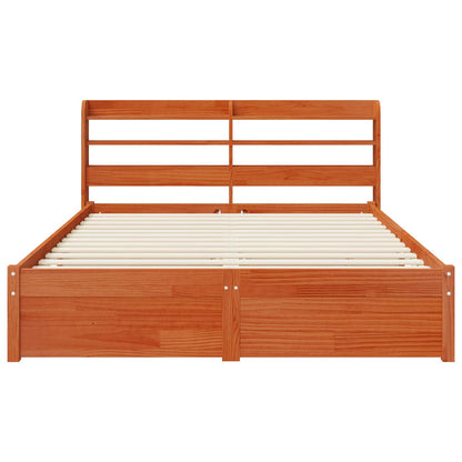 Bed Frame with Headboard with Storage Wax Brown Solid Pine Wood