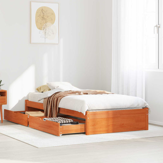 Bed Frame with Drawer 2 pcs Wax Brown Solid Pine Wood
