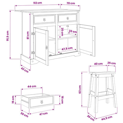 Kitchen Island Set Corona 3 pcs Honey Wax Solid Pine Wood