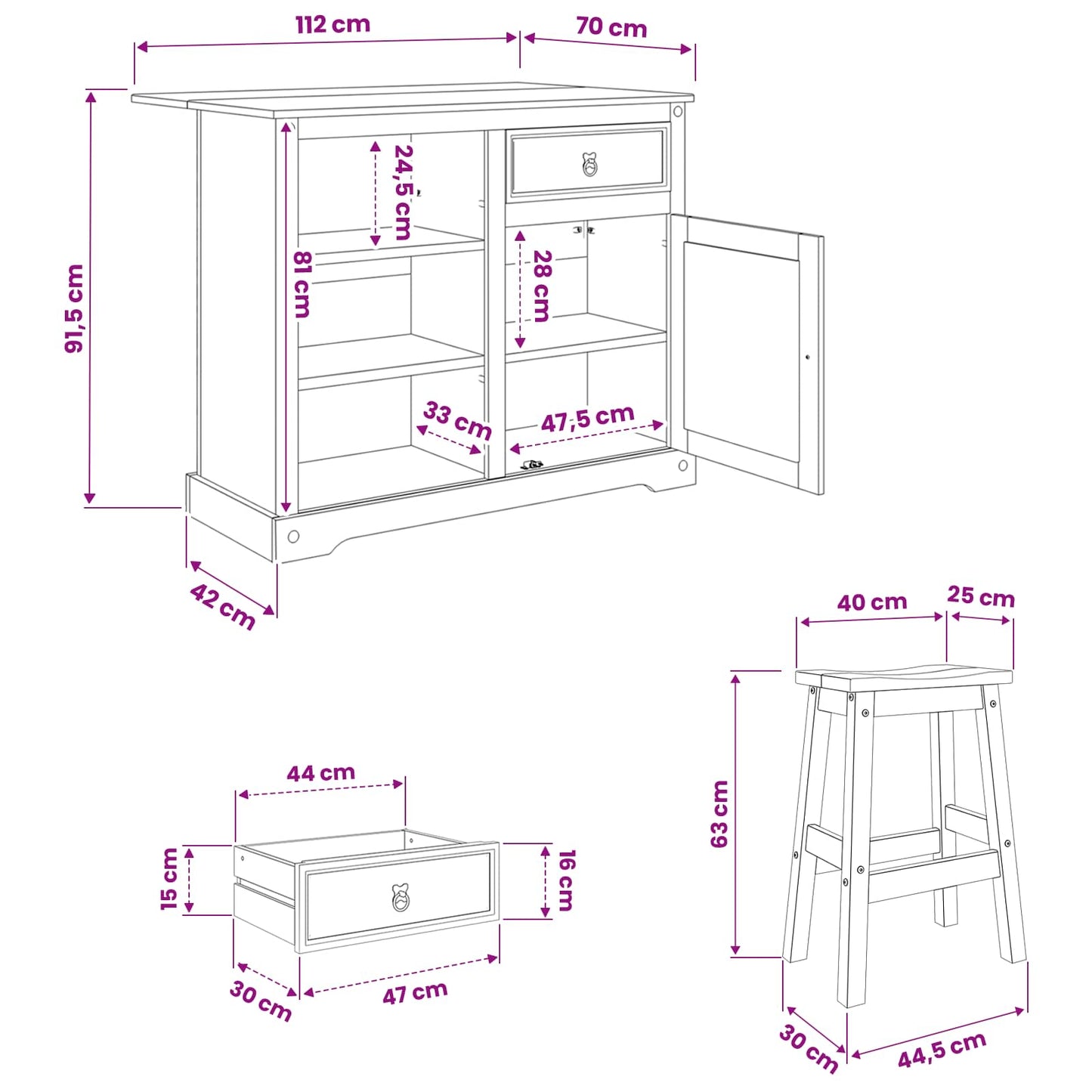 Kitchen Island Set with Drawer 3 pcs Honey Wax Solid-Pine