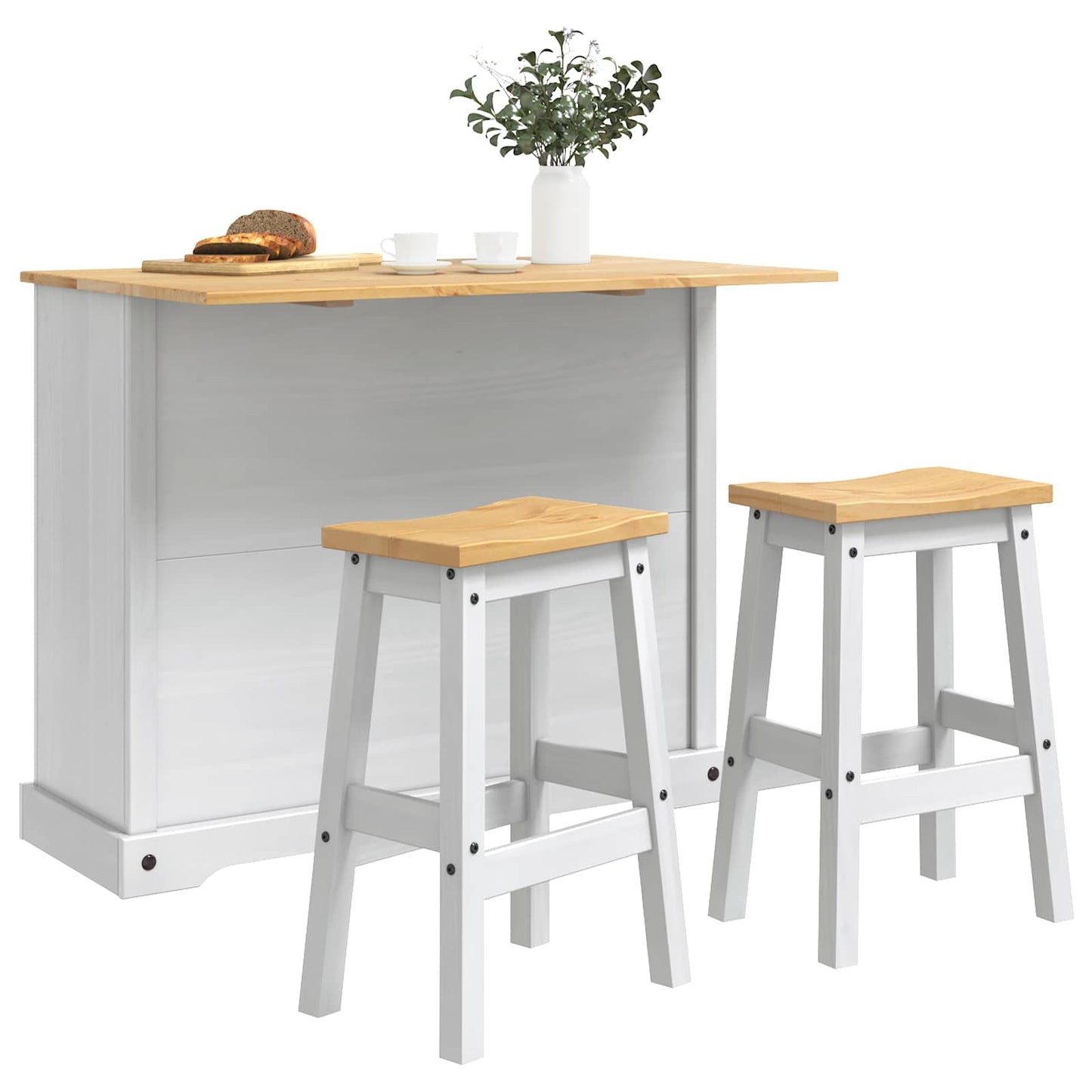 Kitchen Island Set 3 pcs White and Honey Wax Solid-Pine