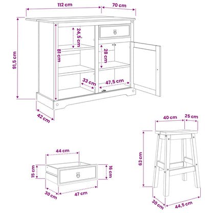 Kitchen Island Set 3 pcs White and Honey Wax Solid-Pine
