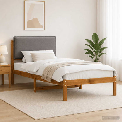 Bed Frame with Upholstered Headboard Natural and Light Grey