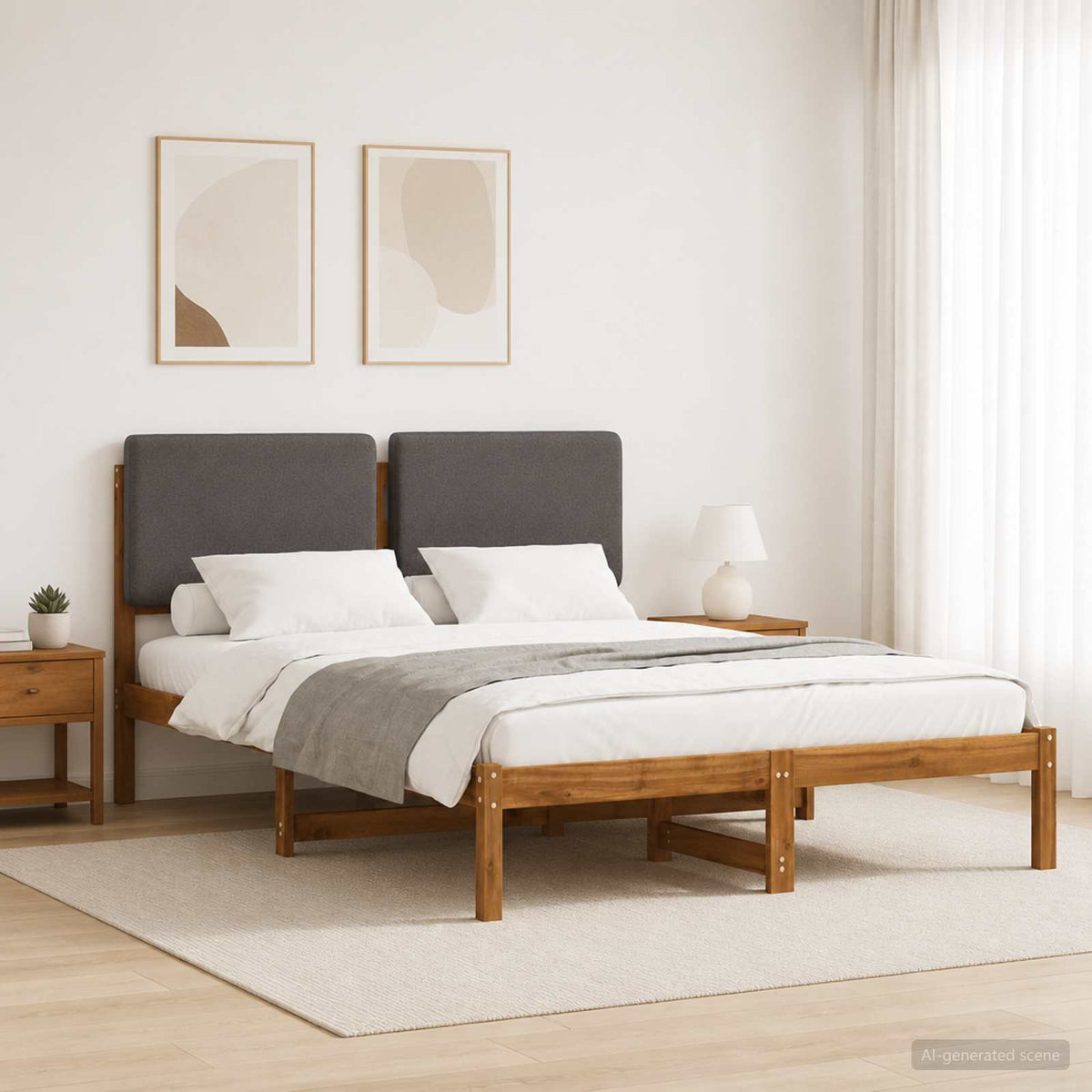 Bed Frame with Upholstered Headboard Natural and Light Grey