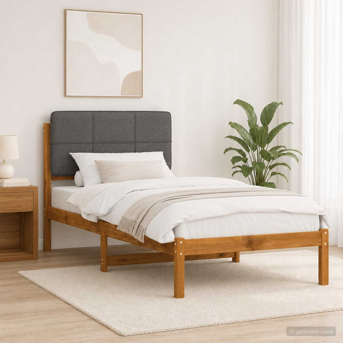 Bed Frame with Upholstered Headboard Natural and Light Grey