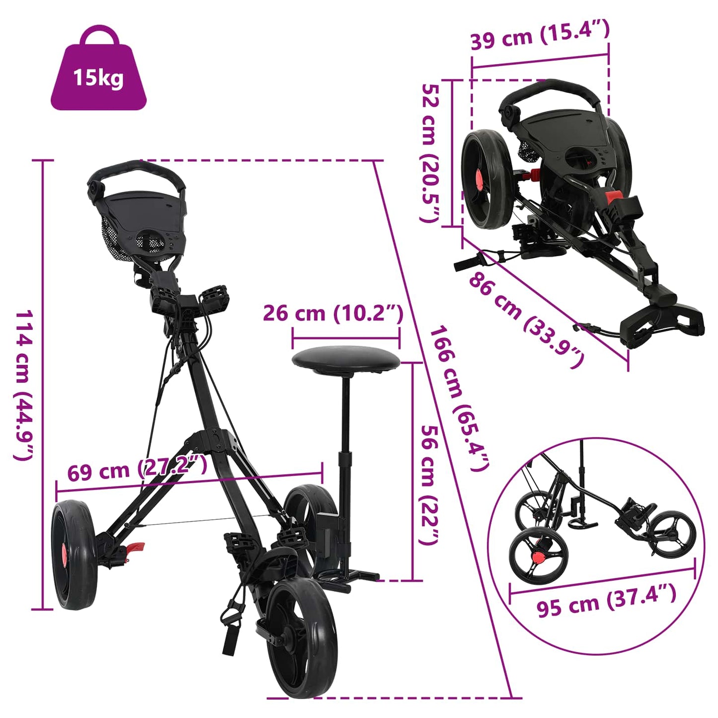 Golf Trolley with Seat Folding Black 95 x 69 x 114 cm Iron