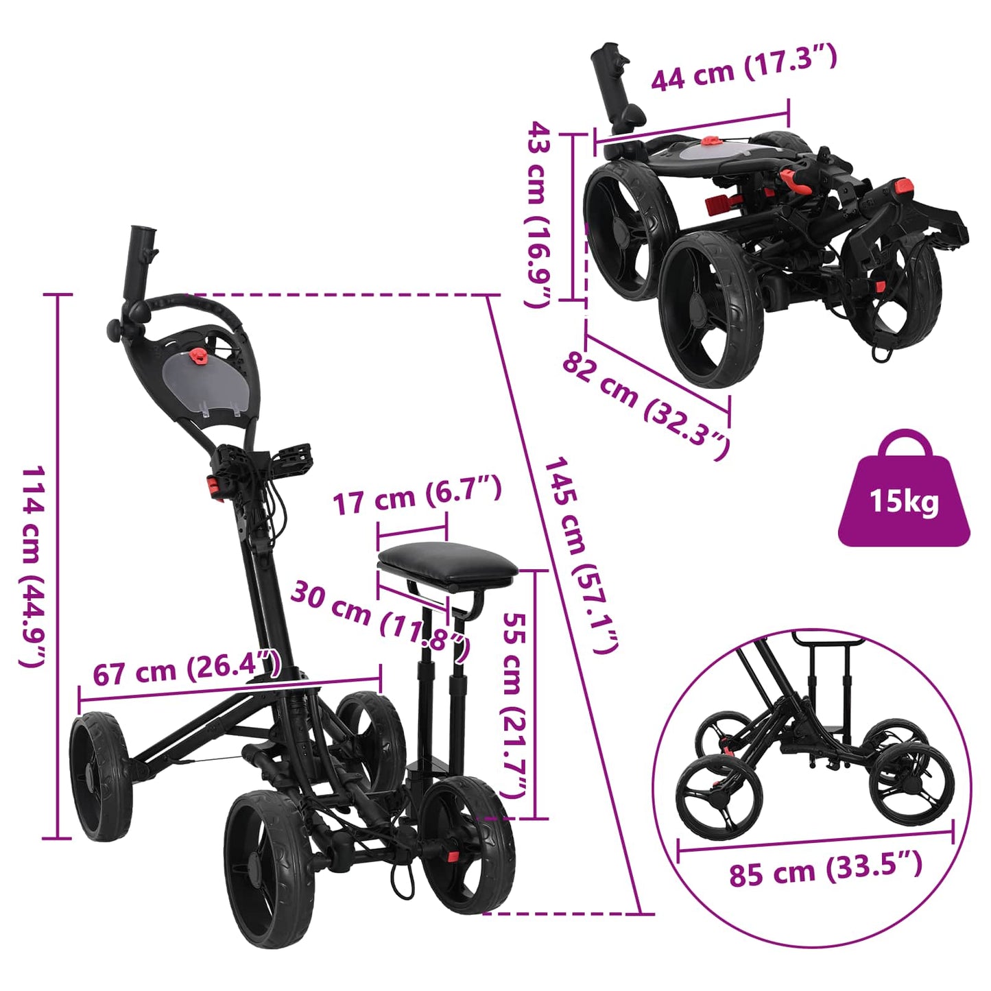 Golf Trolley with Seat Black Aluminium Foldable
