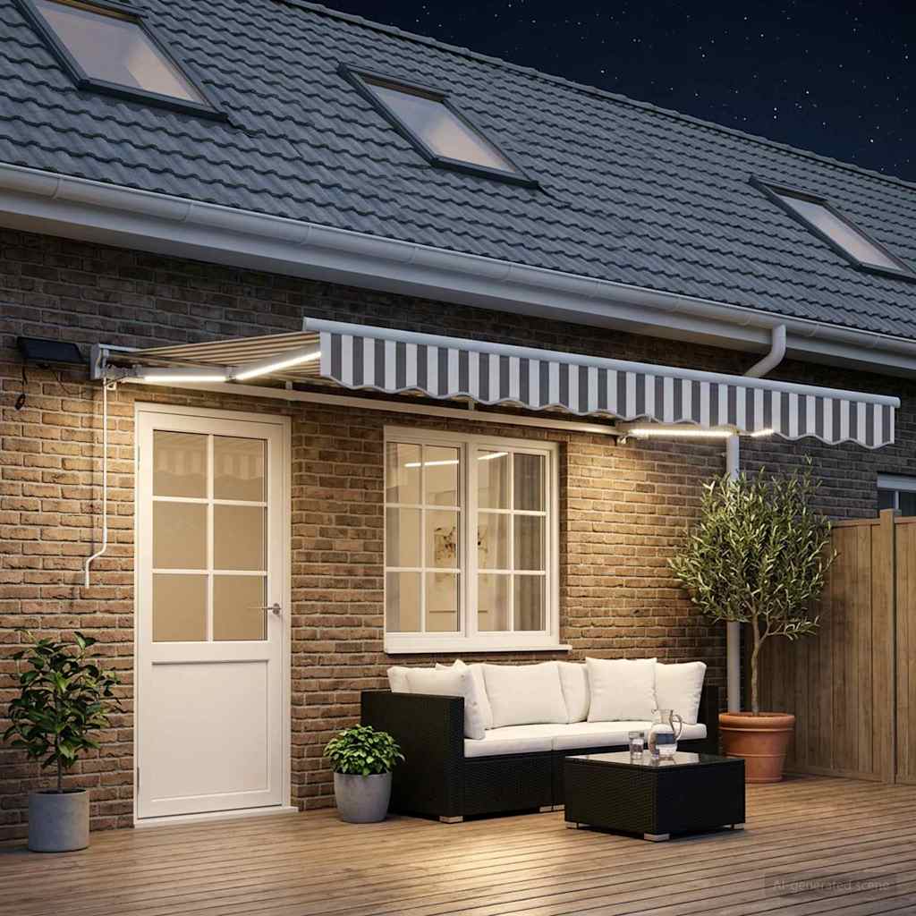 Manual Awning Frame with LEDs Light Grey and White 5 x 3.5 m