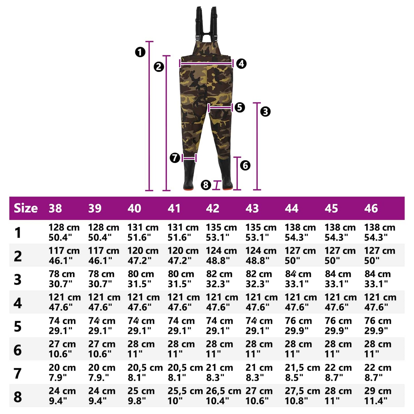 Chest Waders with Boots Size 46 Camouflage