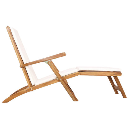 Folding Deck Chair with Cushion White Solid Teak Wood