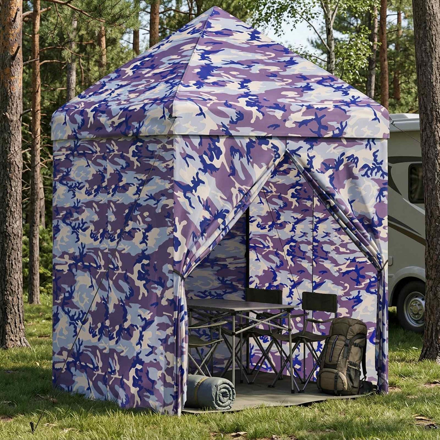 Pop-up Gazebo with 4 Sidewalls 2 x 2 m Blue Camouflage