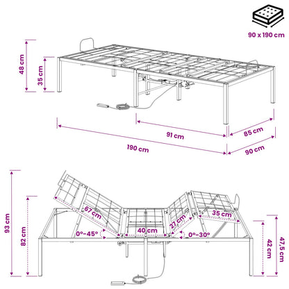 Electric Adjustable Bed Frame Black 90 x 190 x 48 cm Steel