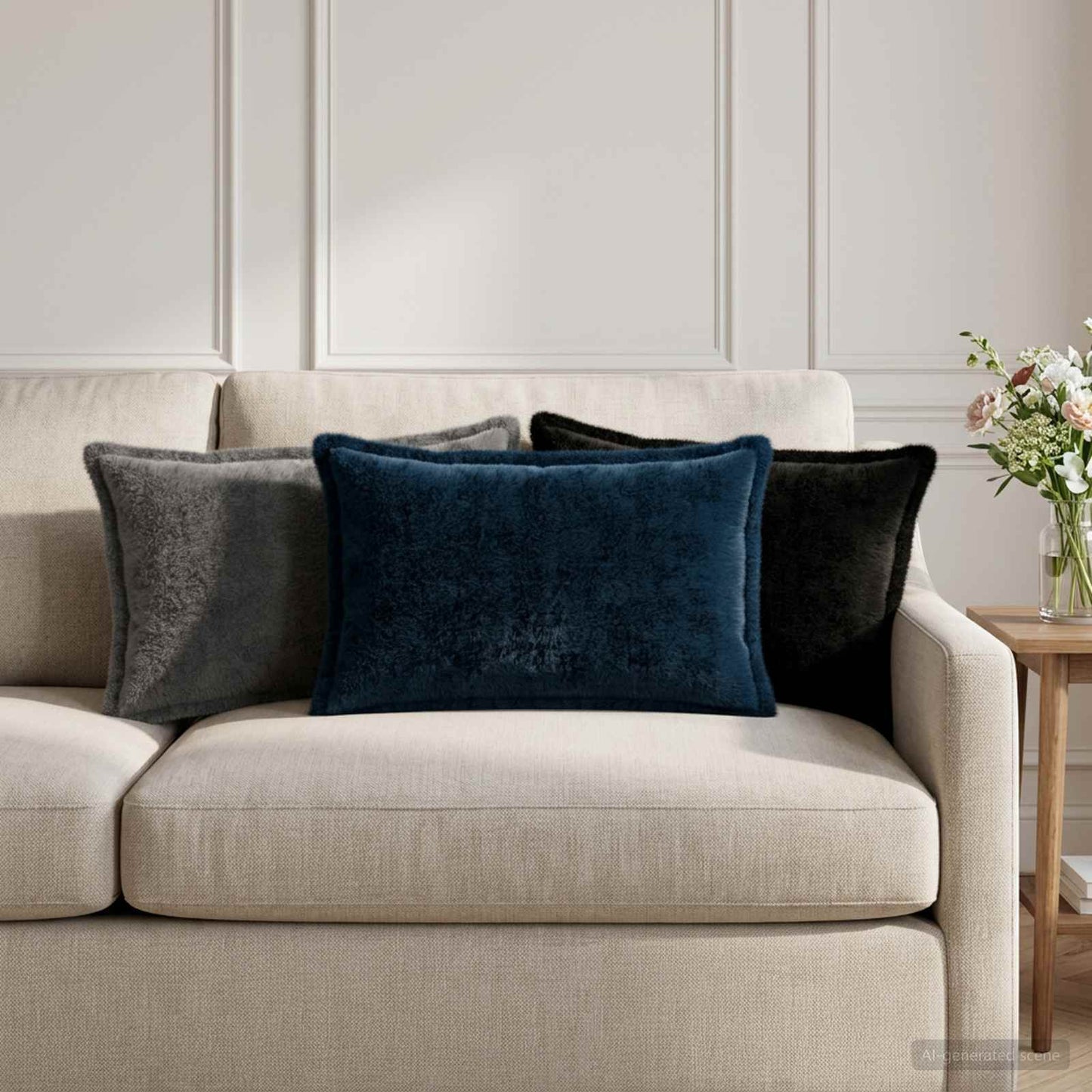 Cushion Cover 6 pcs HOUTEN Navy Blue 40 x 60 cm Faux Rabbit Fur