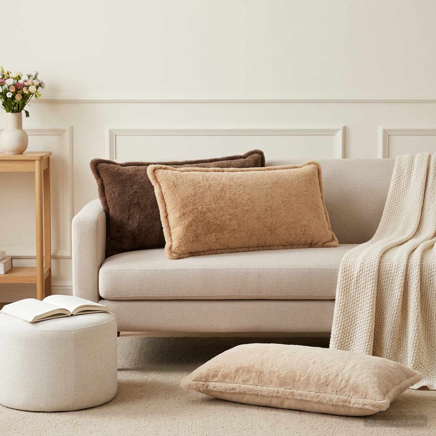 Cushion Cover 6 pcs HOUTEN Cream 40 x 70 cm Faux Rabbit Fur