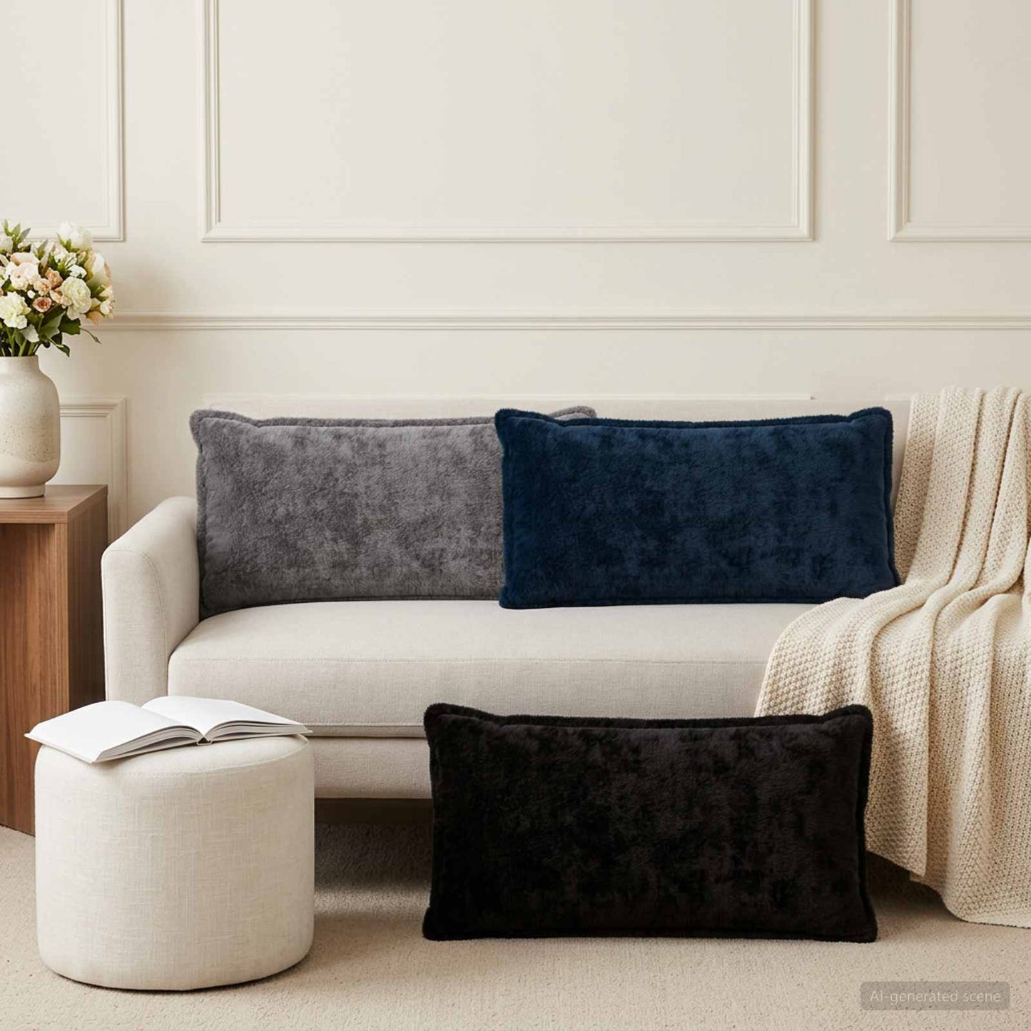 Cushion Cover 12 pcs HOUTEN Black 40 x 80 cm Faux Rabbit Fur