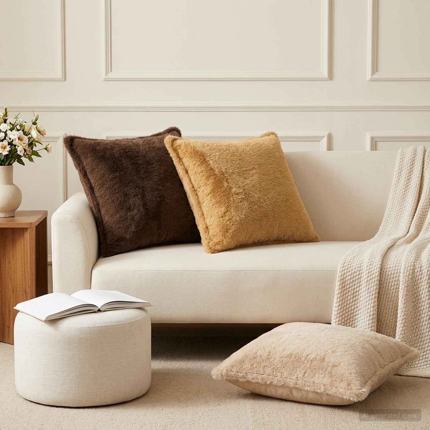 Cushion Cover 2 pcs HOUTEN Cream 45 x 45 cm Faux Rabbit Fur