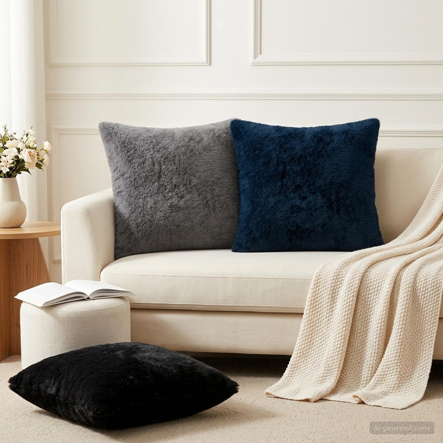 Cushion Cover 6 pcs HOUTEN Black 45 x 45 cm Faux Rabbit Fur