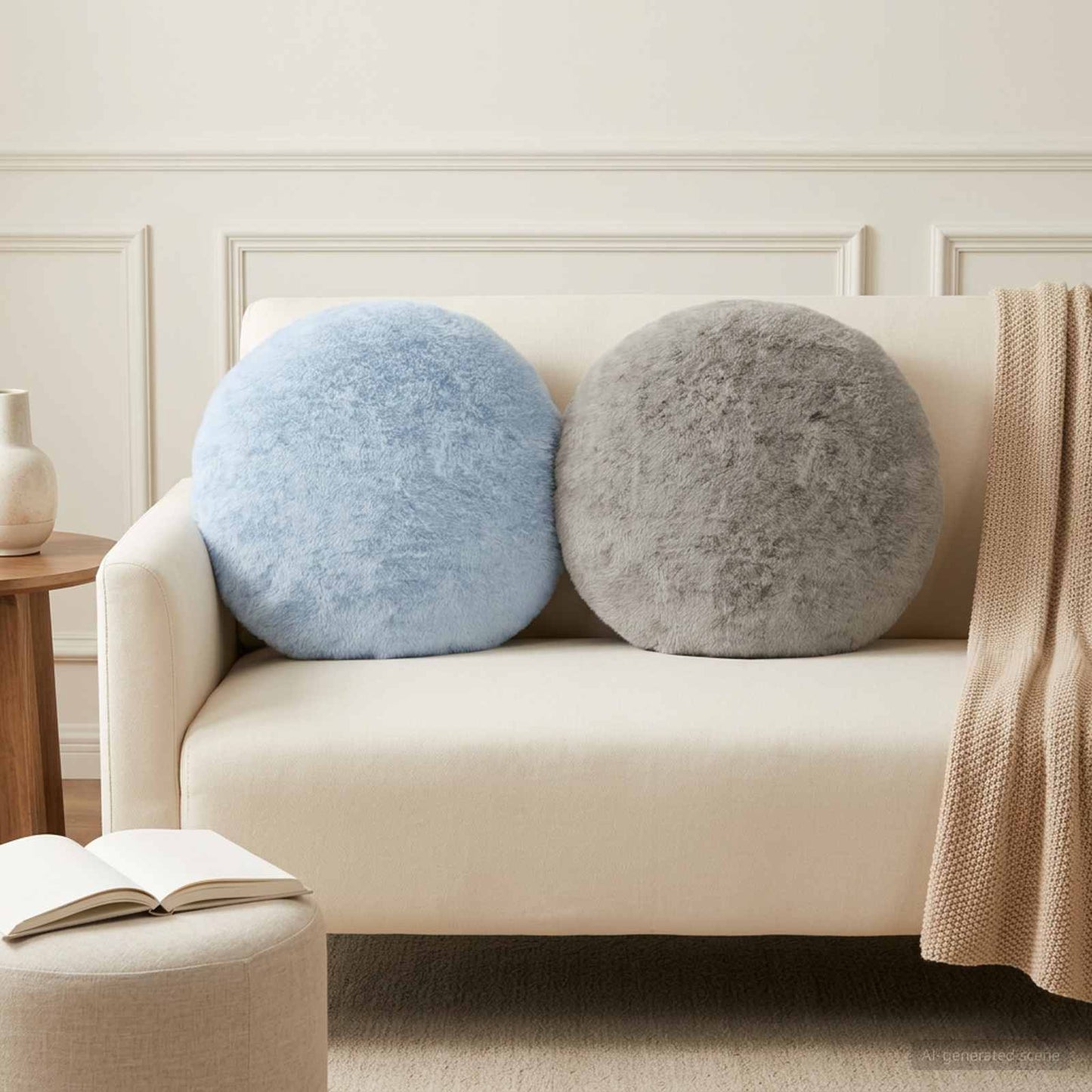 Cushion Cover 2 pcs HEERLEN Light Blue Ø 40 cm Faux Rabbit Fur