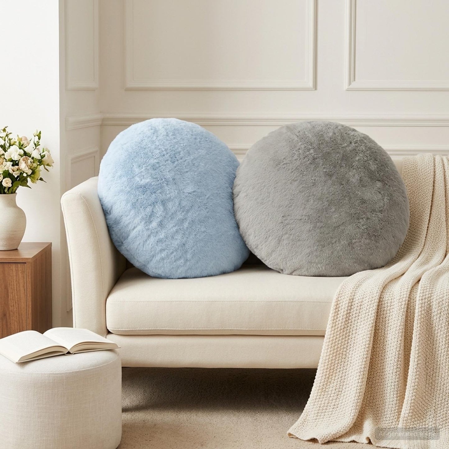 Cushion Cover 2 pcs HEERLEN Light Blue Ø 60 cm Faux Rabbit Fur