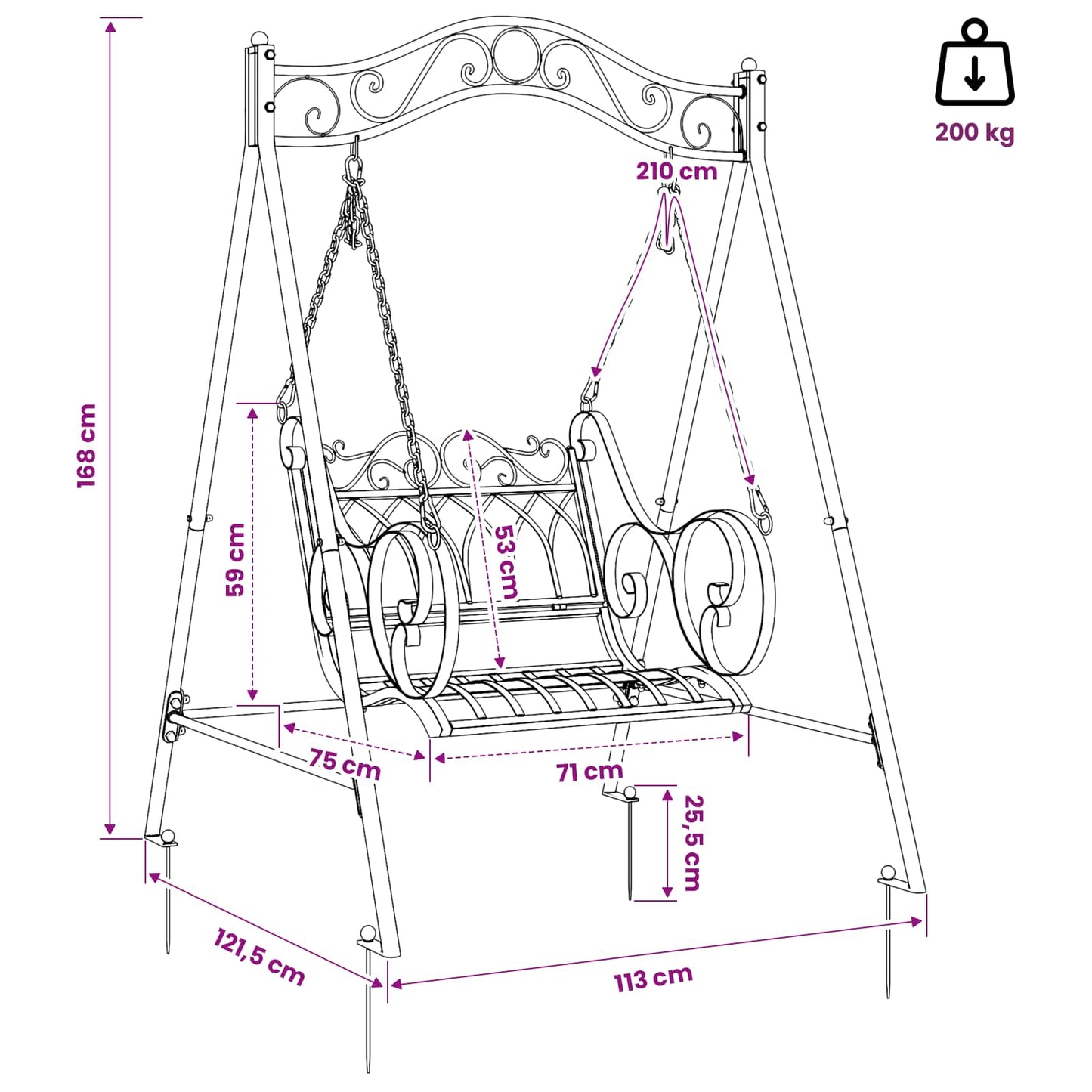 Swing Bench Steel 113 x 121.5 x 168 cm Antique White
