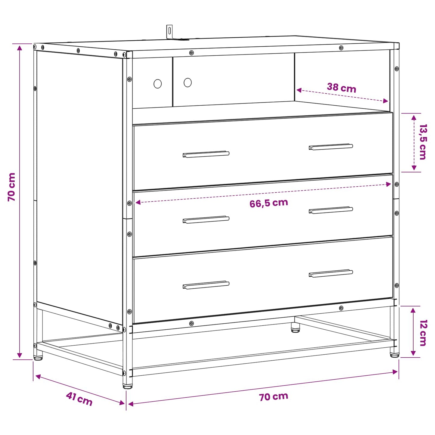 Drawer Cabinet 3-Drawer Black oak 70 x 41 x 70 cm
