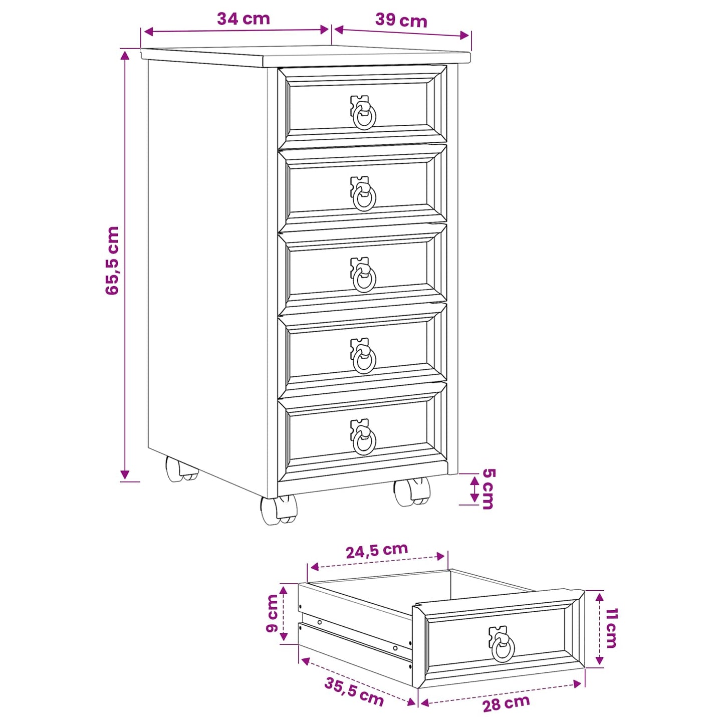 Rolling Cabinet with Drawers CORONA Honey Brown