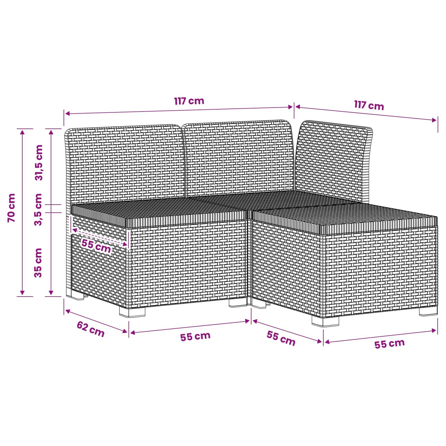 3-Seater Garden Sofa Rattan Look PP Anthracite