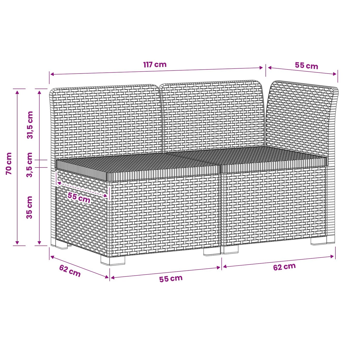 2-Seater Garden Sofa Rattan Look PP White