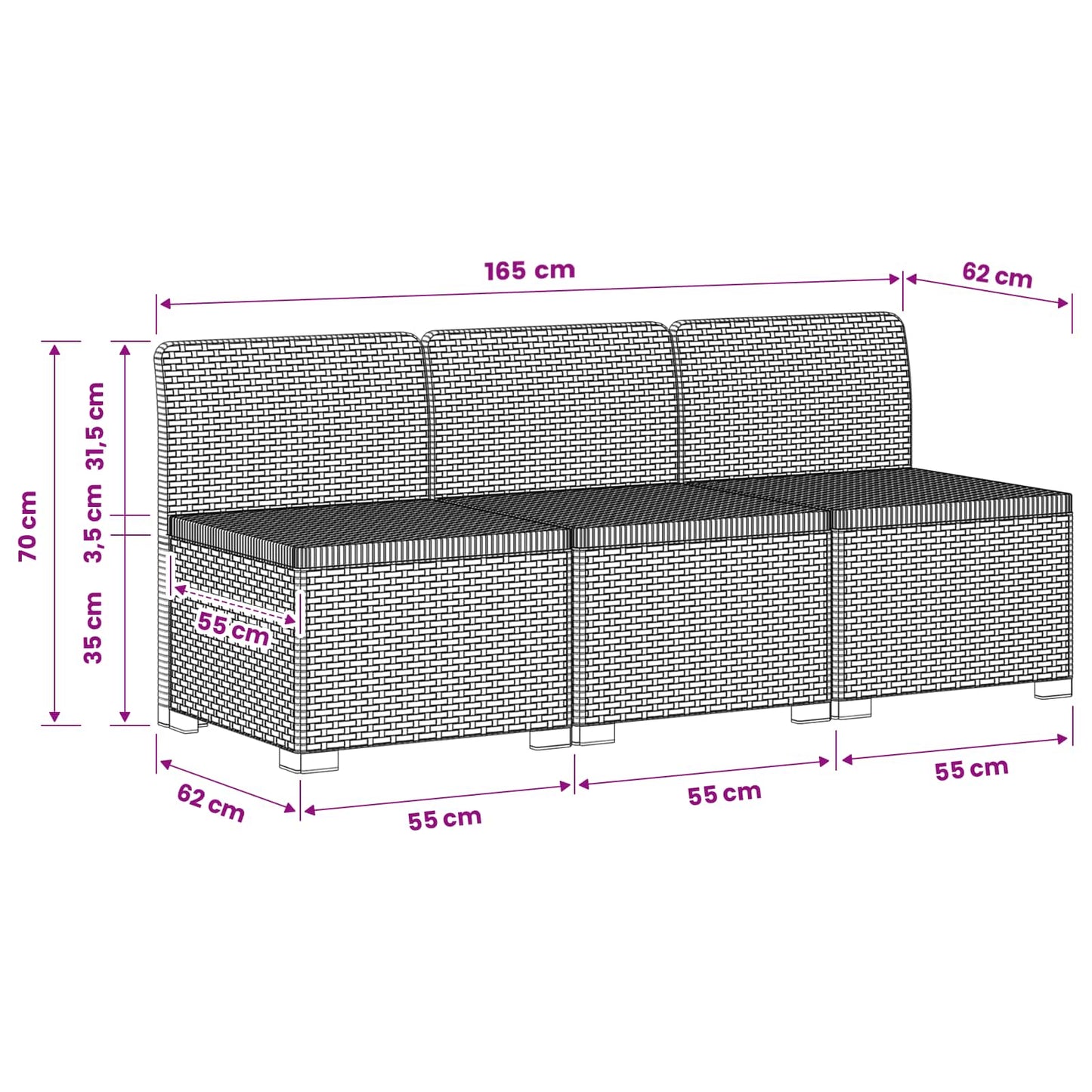 3-Seater Garden Sofa Rattan Look PP White