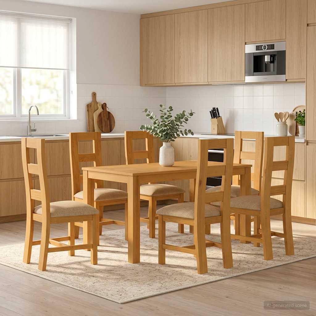 Dining Set 7 pcs Beige Solid Oak Wood