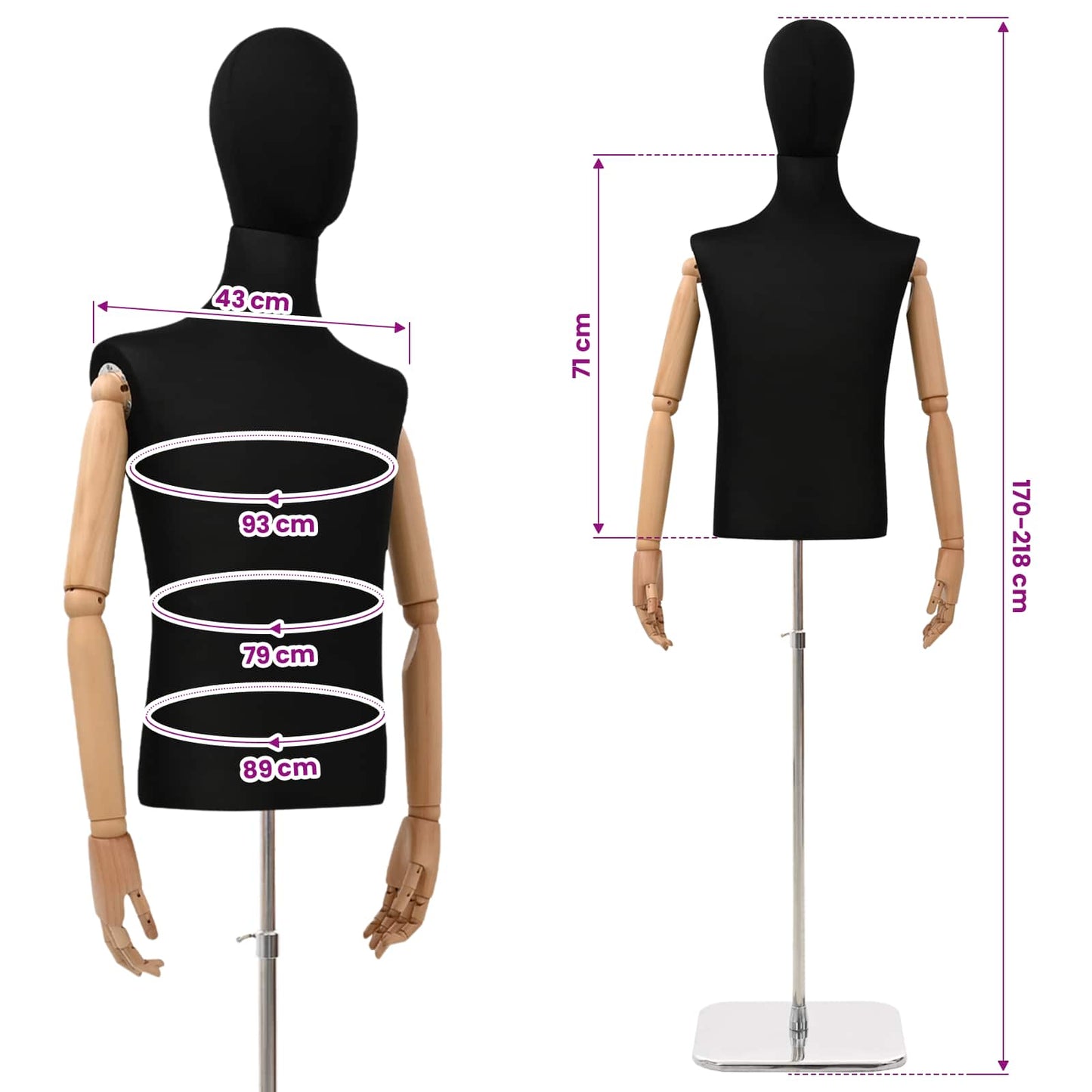 Adjustable 170-218 cm Mannequin with Base Male PP Black