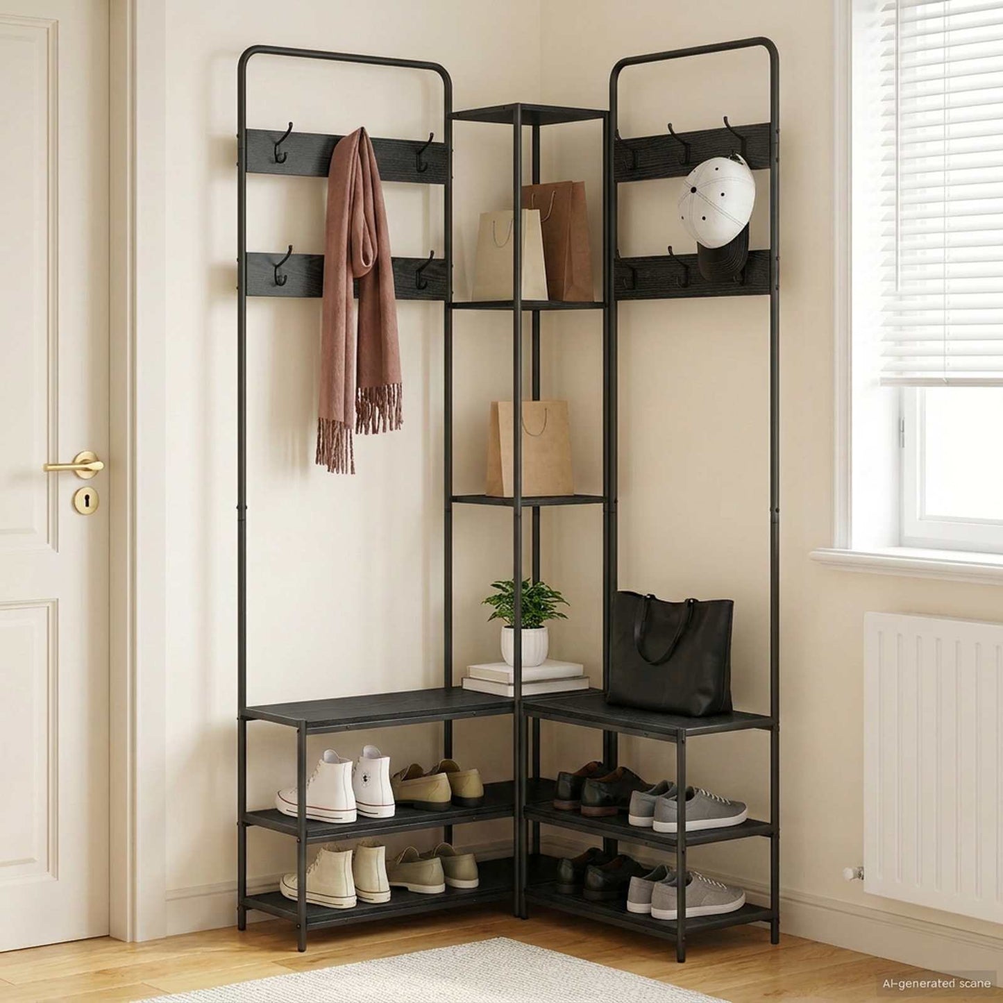 Coat Stand with Shoes Bench Black Oak 143 x 30 x 199.5 cm