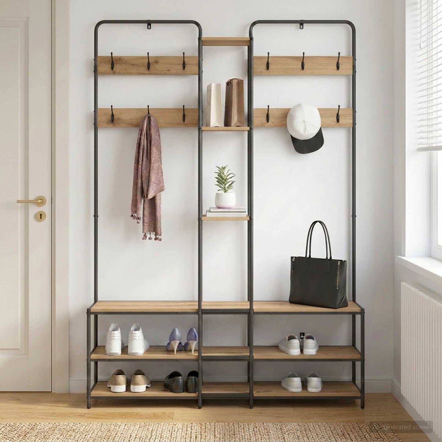 Coat Stand with Shoes Bench Artisan Oak 143 x 30 x 199.5 cm