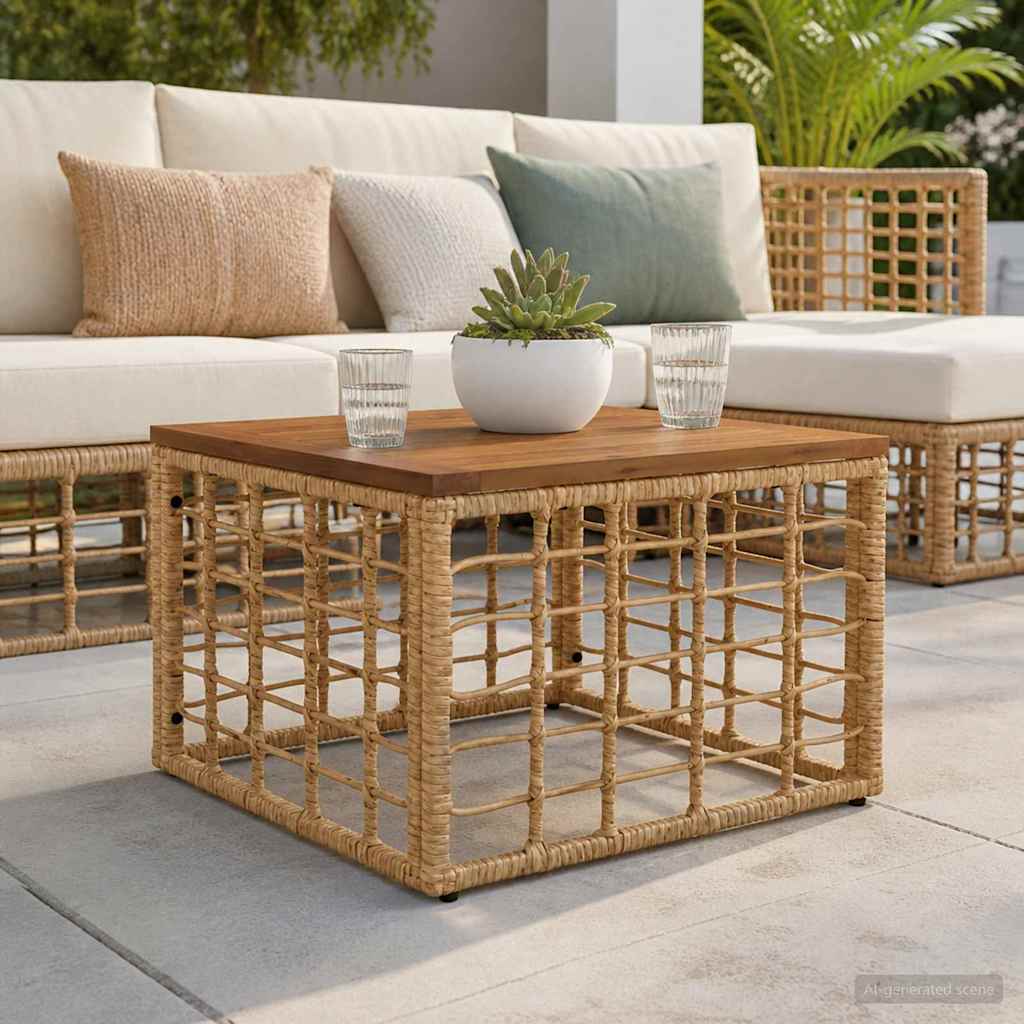 Garden Table Natural 55 x 55 x 37 cm PE Rattan and Glass